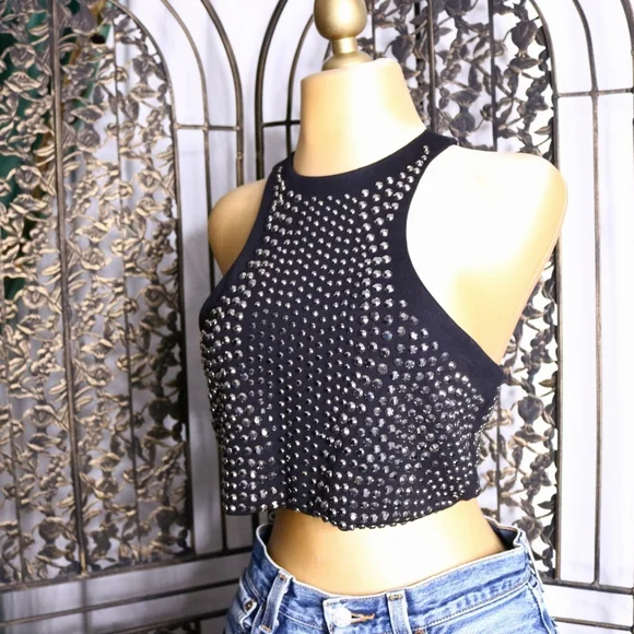 Black Studded Women's Crop Top, Medium, Night Out Tops - Picture 4 of 7